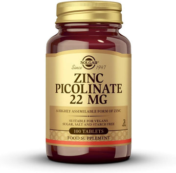 Solgar Zinc Picolinate 22 Mg, 100 Tablets - Promotes Healthy Skin - Supports Immune System, Normal Taste & Vision - Antioxidant - Non Gmo, Vegan, Gluten Free, Dairy Free, Kosher - 100 Servings