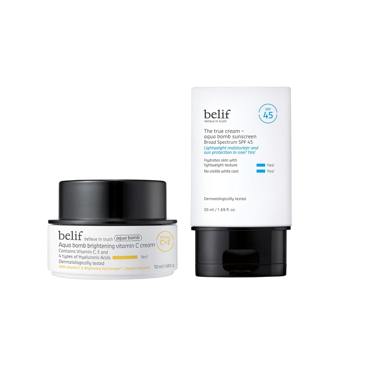 Belif Aqua Bomb Vitamin C Cream & Sunscreen 45 Bundle, Brightening Face Cream Moisturizer, Aqua Bomb Hydrating 2-In-1 Korean Sunscreen Spf 45 With Niancinamide, No White Cast, Korean Skin Care