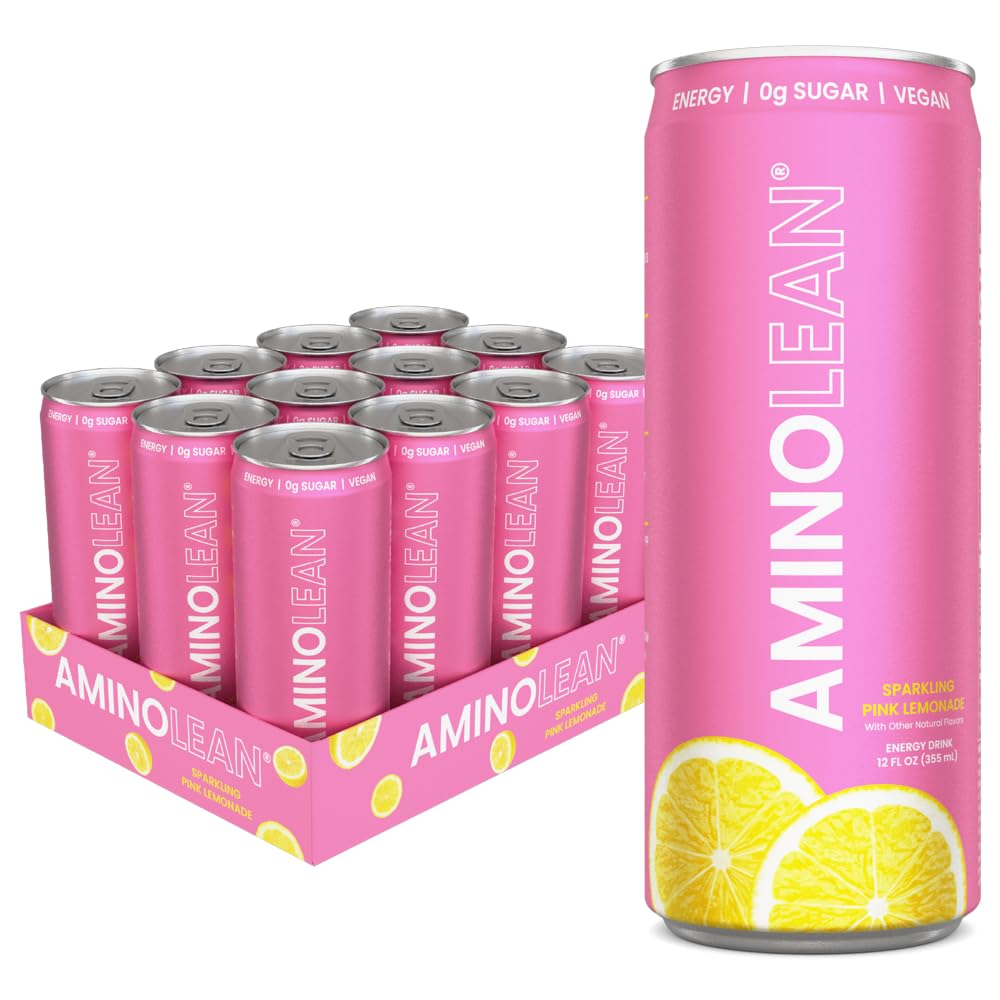 Aminolean Energy Drink - Sugar Free Amino Energy With Natural Caffeine & Vegan Amino Acids For No Jitters, Tingles, Or Crash, Pink Lemonade, 12 Pack