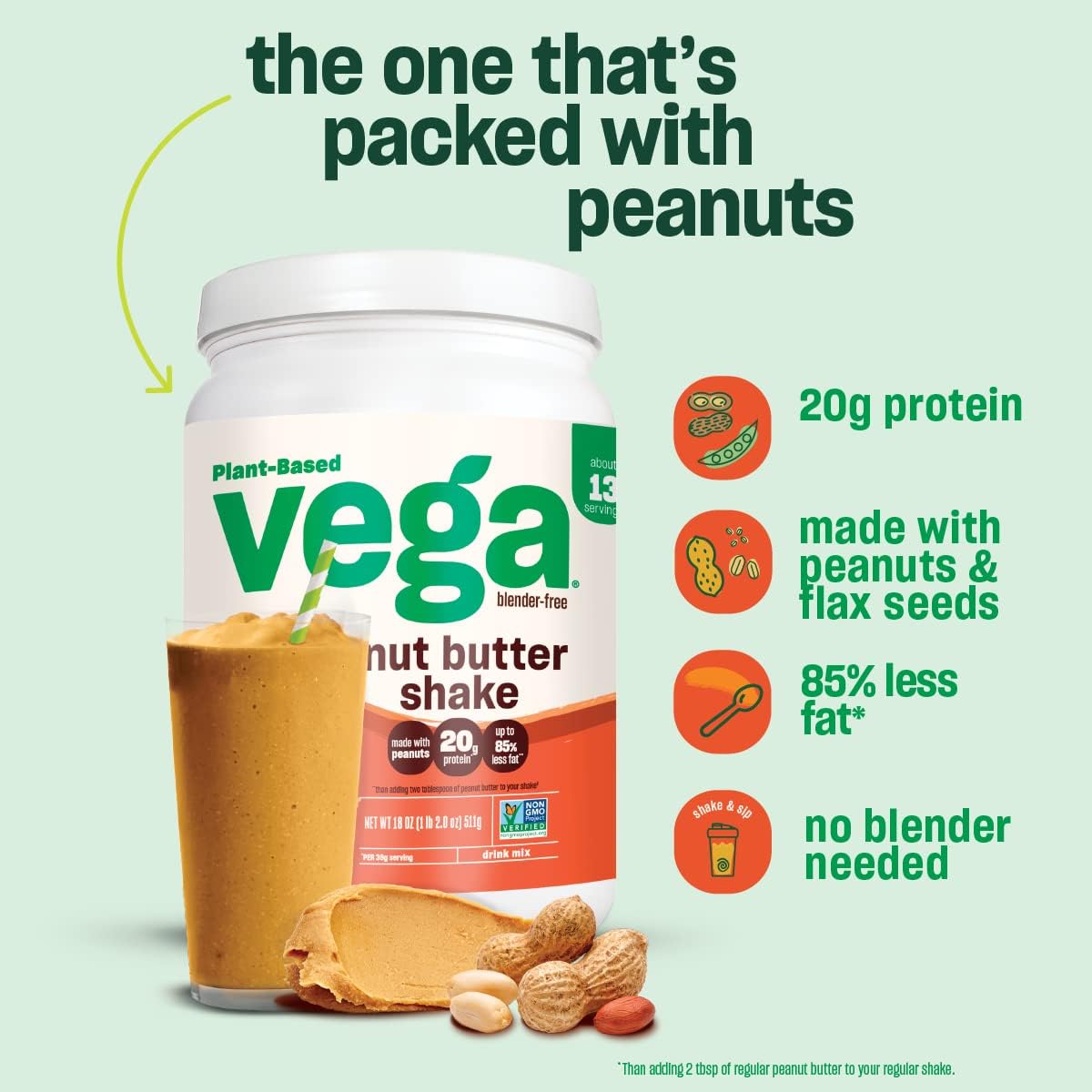 Vega Nut Butter Shake, Peanut Butter - Vegan Protein Powder, 20g Protein, Real Food Ingredients, No Added Sugar, 1.36 lbs : Grocery & Gourmet Food