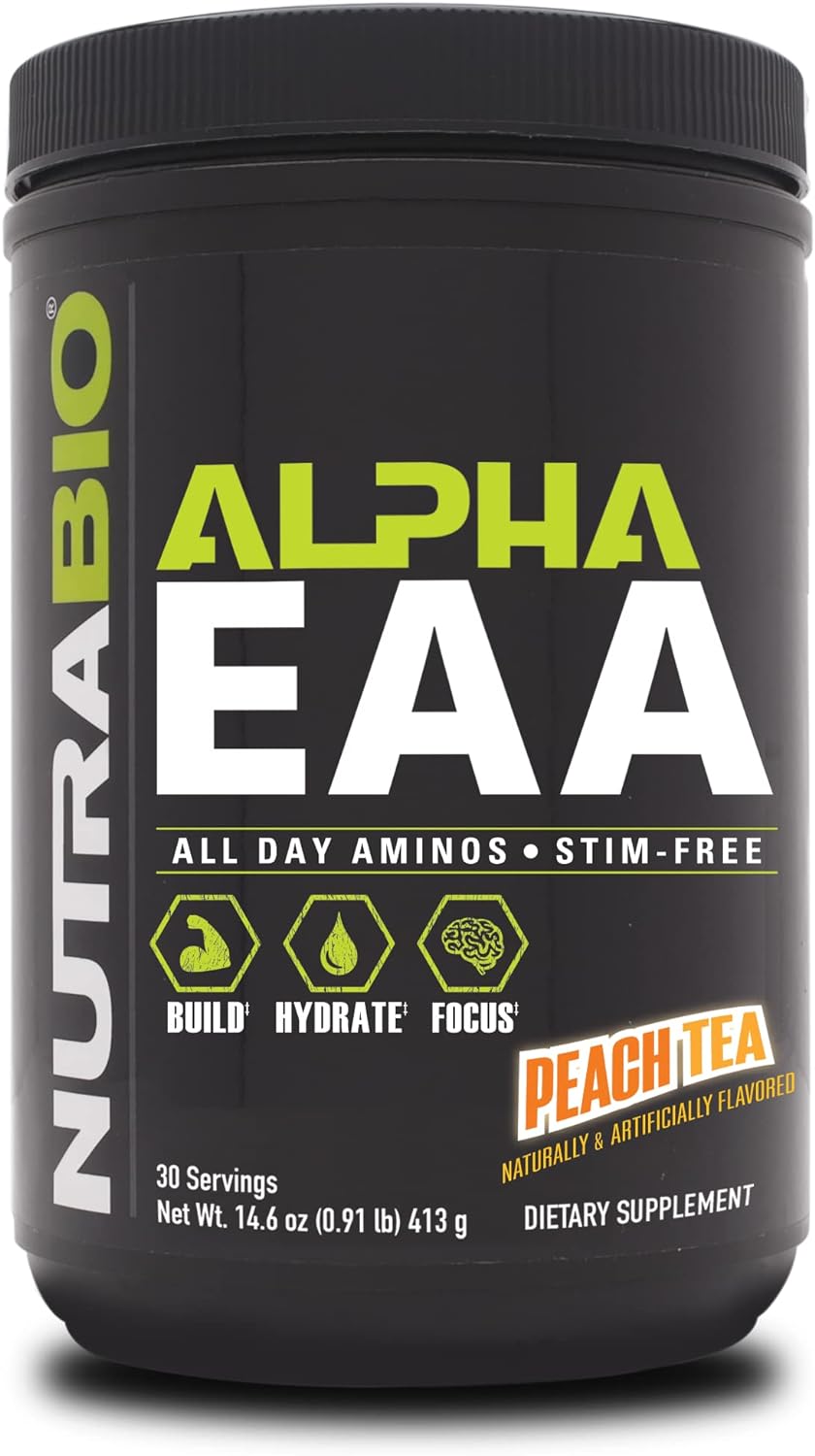 NutraBio Alpha EAA Hydration and Recovery Supplement - Full Spectrum EAA BCAA Matrix with Electrolytes, Nootropics, Coconut Water - Recovery, Energy, Focus, and Hydration Supplement - Peach Tea