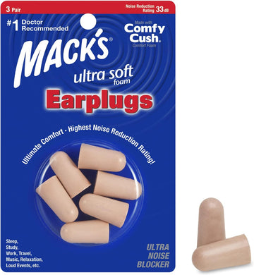 Mack's Ultra Soft Foam Earplugs, 3 Pair - 33dB Highest NRR, Comfortable Ear Plugs for Sleeping, Snoring, Travel, Concerts, Studying, Loud Noise, Work | Made in USA