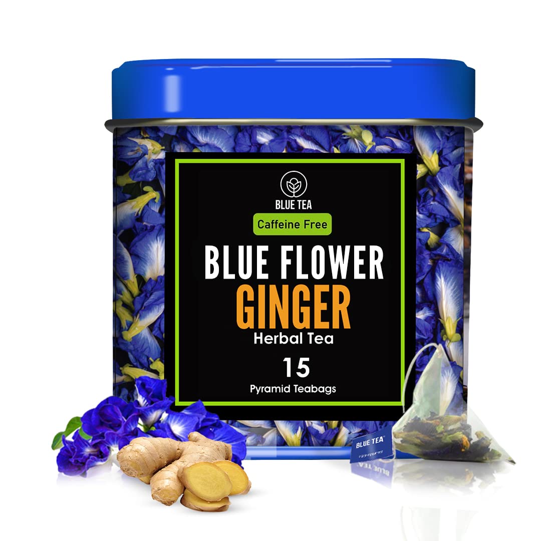 Blue Tea - Butterfly Pea Flower Tea - Ginger - 15 Count | Detox Tea | Flower Based - Herbal Tea - Caffeine Free - Vegan - Non-Bitter - Non Gmo | Tin Packaging