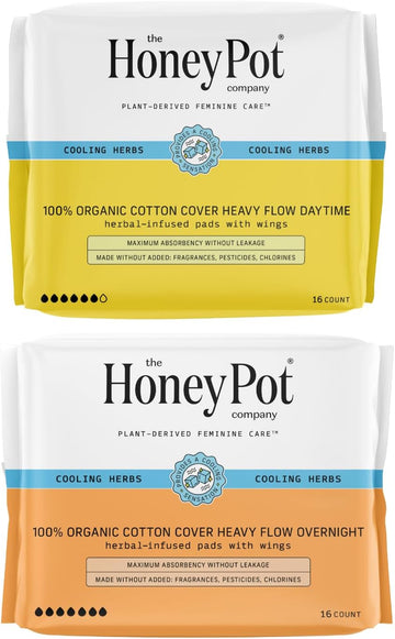 The Honey Pot Company - Heavy Daytime & Overnight Bundle - Herbal Pads Insused W/Essential Oils For Cooling Effect & Organic Cotton Cover - Feminine Care - Sanitary Pads For Women - Fsa & Hsa Eligibl