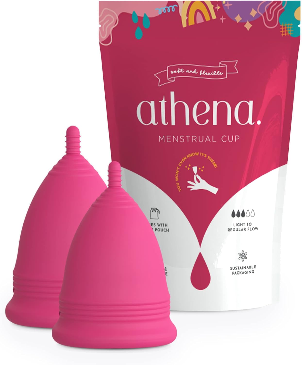 Athena Menstrual Cups 2 Pack - Large and Small Set in Solid Pink - The Original Softer Reusable Period Cup - Covers Your Light to Heavy Menstruation Days - Insert Easier with The Form Fit Rim