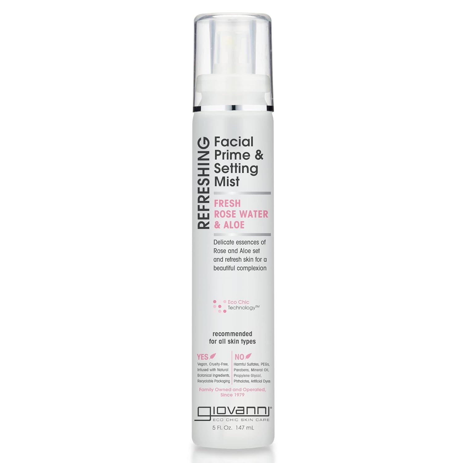 Giovanni Refreshing Facial Prime Setting Mist - Fresh Rose Water Spray For Face, Contains Rose Water & Aloe, Refreshing Facial Mist & Primer, Set & Refresh Skin For A Beautiful Complexion - 5 Fl Oz