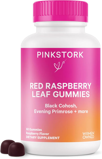 Pink Stork Red Raspberry Leaf Gummies - Evening Primrose Oil + Black Cohosh for Hormone Balance - Third Trimester Labor Prep + Postpartum Essentials - 60 Vegan Gummy Supplements, Non-GMO