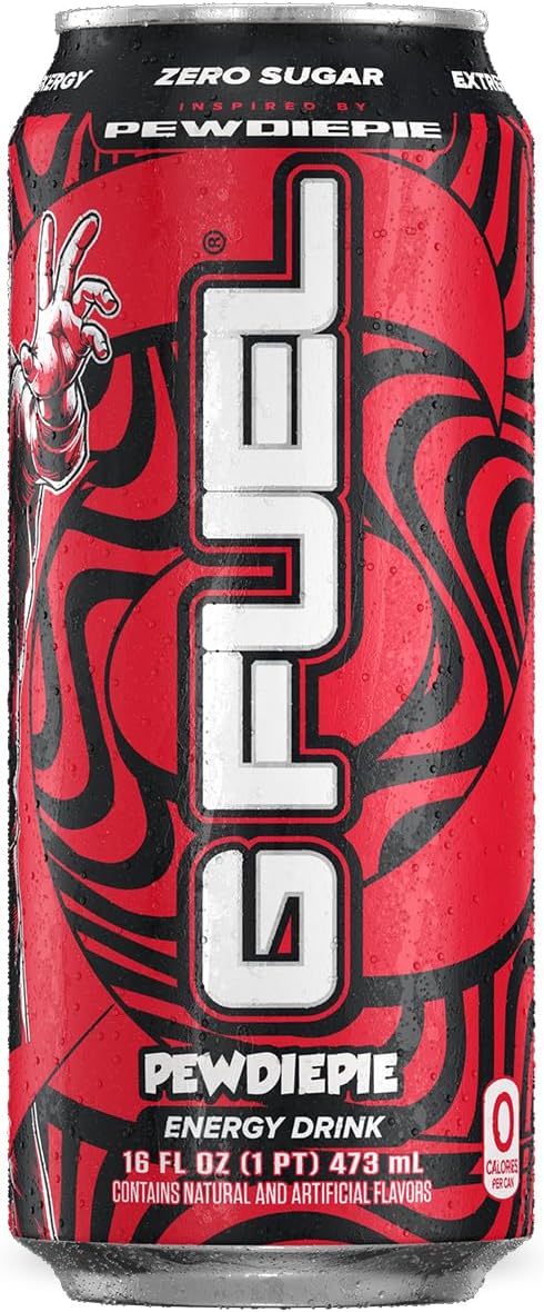 G Fuel Pewdiepie Energy Drink, Sugar Free, Healthy Drinks, Zero Calorie, 300 Mg Caffeine Per Carbonated Can, Lingonberry Fruit Flavor, Focus Amino, Vitamin + Antioxidants Blend - 12 Pack