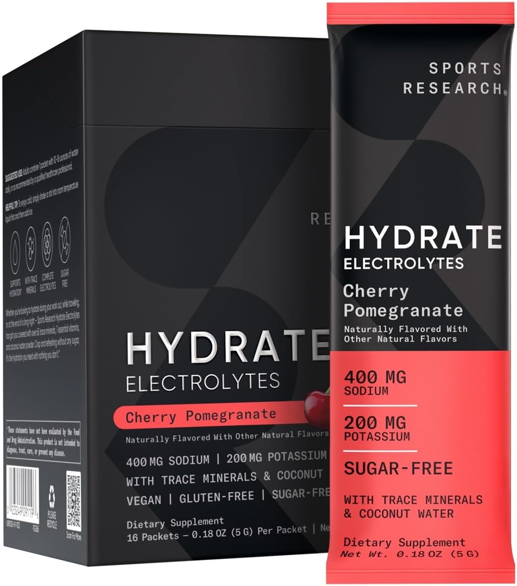 Sports Research Hydrate Electrolytes Powder Packets - Sugar-Free & Naturally Flavored With Vitamins, Minerals, And Coconut Water - Supports Hydration - 16 Packets - Cherry Pomegranate