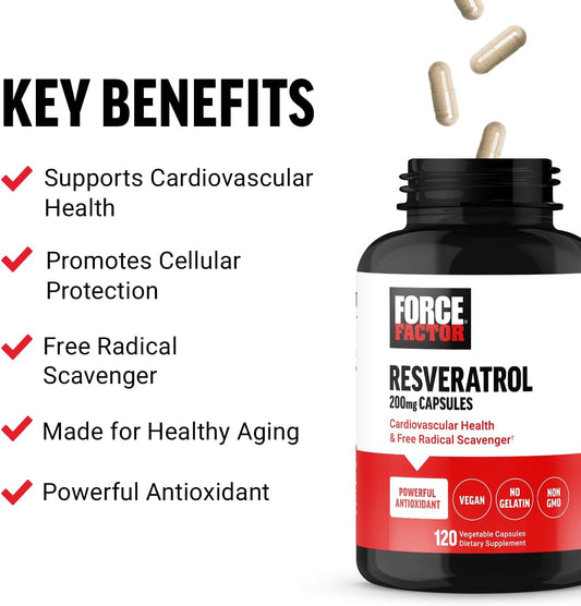 FORCE FACTOR Resveratrol Supplement to Support Heart Health, Antioxidants Supplement and Free Radical Scavenger Made with Japanese Knotweed, Vegan, Non-GMO, 120 Vegetable Capsules