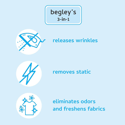 Begley's 3-in-1 Wrinkle Remover, Quick Fix Wrinkle Release, Static Cling Remover, Odor Eliminator and Fabric Refresher Spray - Plant-Derived, USDA Certified Biobased - Fragrance-Free, 3 oz Travel Size