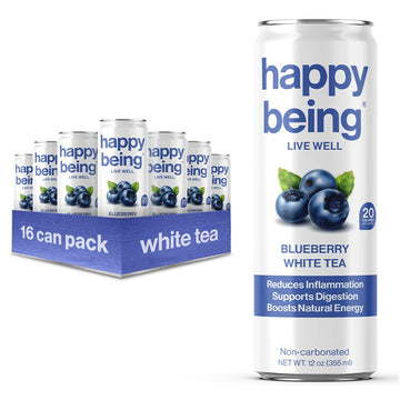 Happy Being Nutrient-Rich Blueberry White Tea – Infused With Turmeric, Elderberry, Vitamin D3, Caffeine Free, Plant-Based, Low Calorie & Low Sugar Drinks, 12Oz (16 Pack)