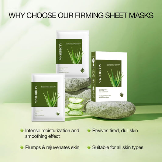 Aloderma Firming Sheet Masks with 88% Organic Aloe Vera 5 pcs - Formulated for Age-Defying Results with Hyaluronic Acid & Arginine, Intense Hydration & Nourishment for Plump, Supple, Rejuvenated Skin