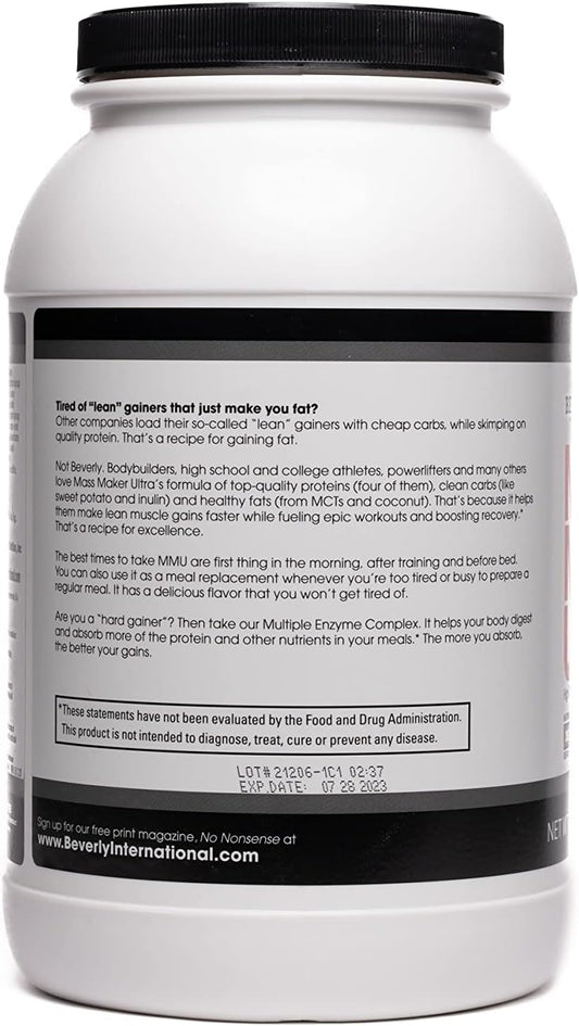 Beverly International Mass Maker Ultra Chocolate, 14 Servings, 3Lb. Build Lean Mass Like A Pro!! Milk Protein Isolate, Whey Protein Isolate + Egg. Mct Oil. Clean Carbs, Great Taste!