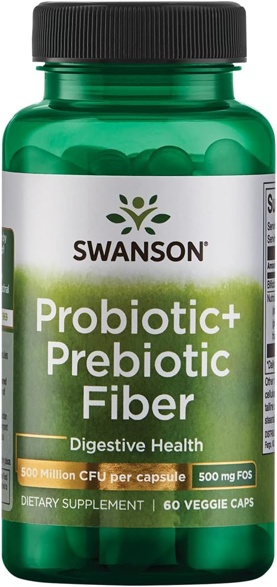 Swanson Prebiotic + Probiotic Fiber - Natural Supplement Promoting Digestive System & Immune Health Support - Aids Regularity & Gi Tract Health - (60 Capsules, 500 Million Cfu Each)