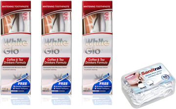 White Glo Premium Coffee & Tea Drinkers Formula Intense Extra Whitening Toothpaste & Toothbrush-100 Ml (Pack Of 3) With Sanitral 50 Pcs Dental Floss Stick Included As A Gift