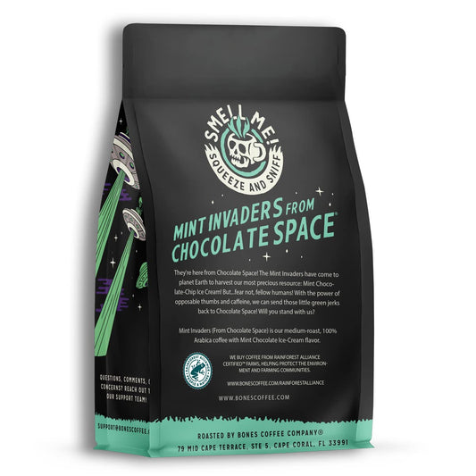 Bones Coffee Company Mint Invaders Whole Coffee Beans Mint Chocolate Chip Flavor | 12 oz Flavored Coffee Gifts | Low Acid Medium Roast Coffee Beverages (Whole Bean)