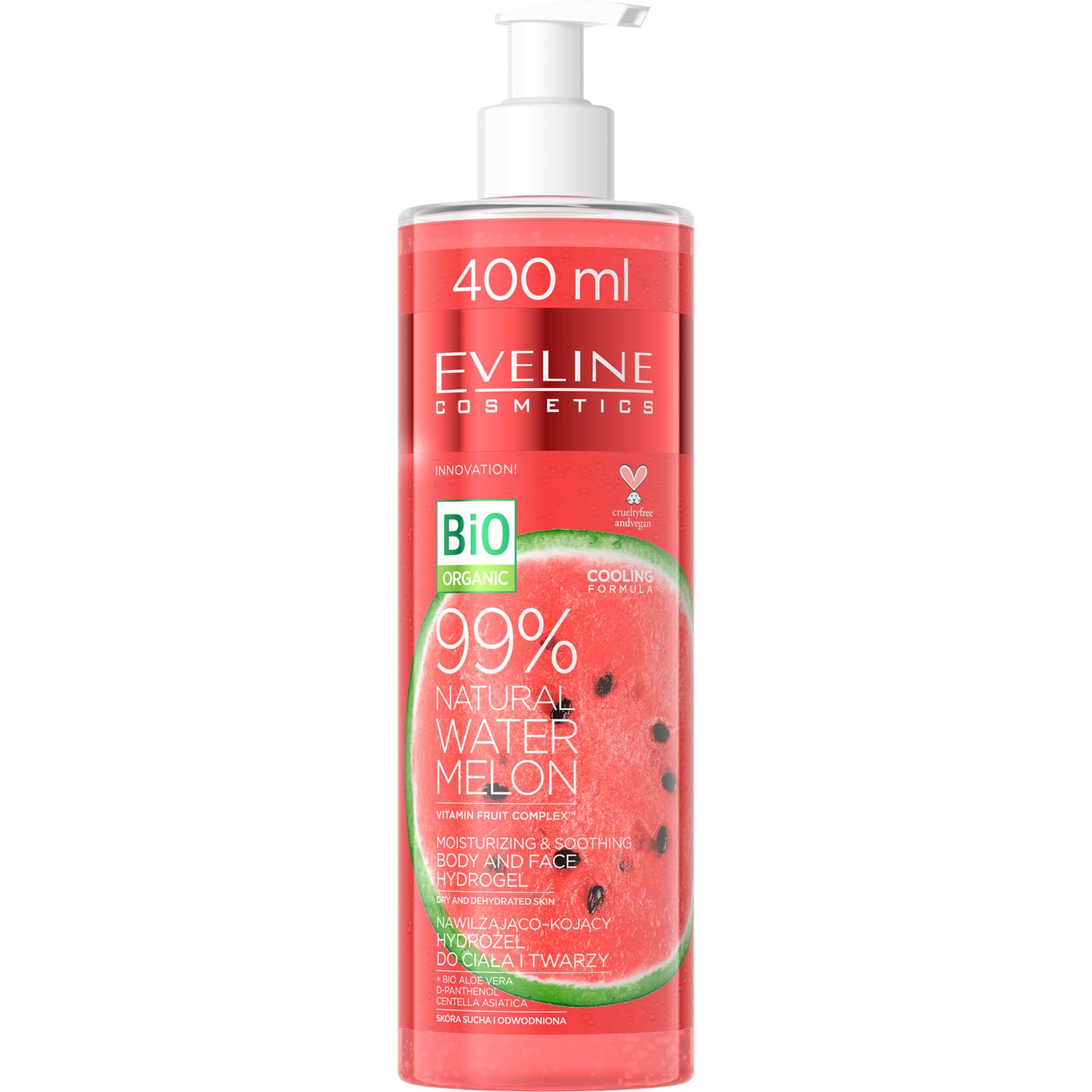 Eveline Cosmetics 99% Natural Watermelon Hydrating And Soothing Hydrogel For Body And Face With Vitamin Fruit Complex, 400 Ml