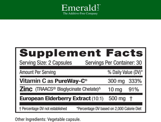 Emerald Labs Elderberry Plus - Digestive & Immune Support With European Elderberry Extract, Vitamin C As Pureway-C & Albion Chelated Zinc - Vegan & Gluten-Free - 60 Vegetable Capsules (30-Day Supply)