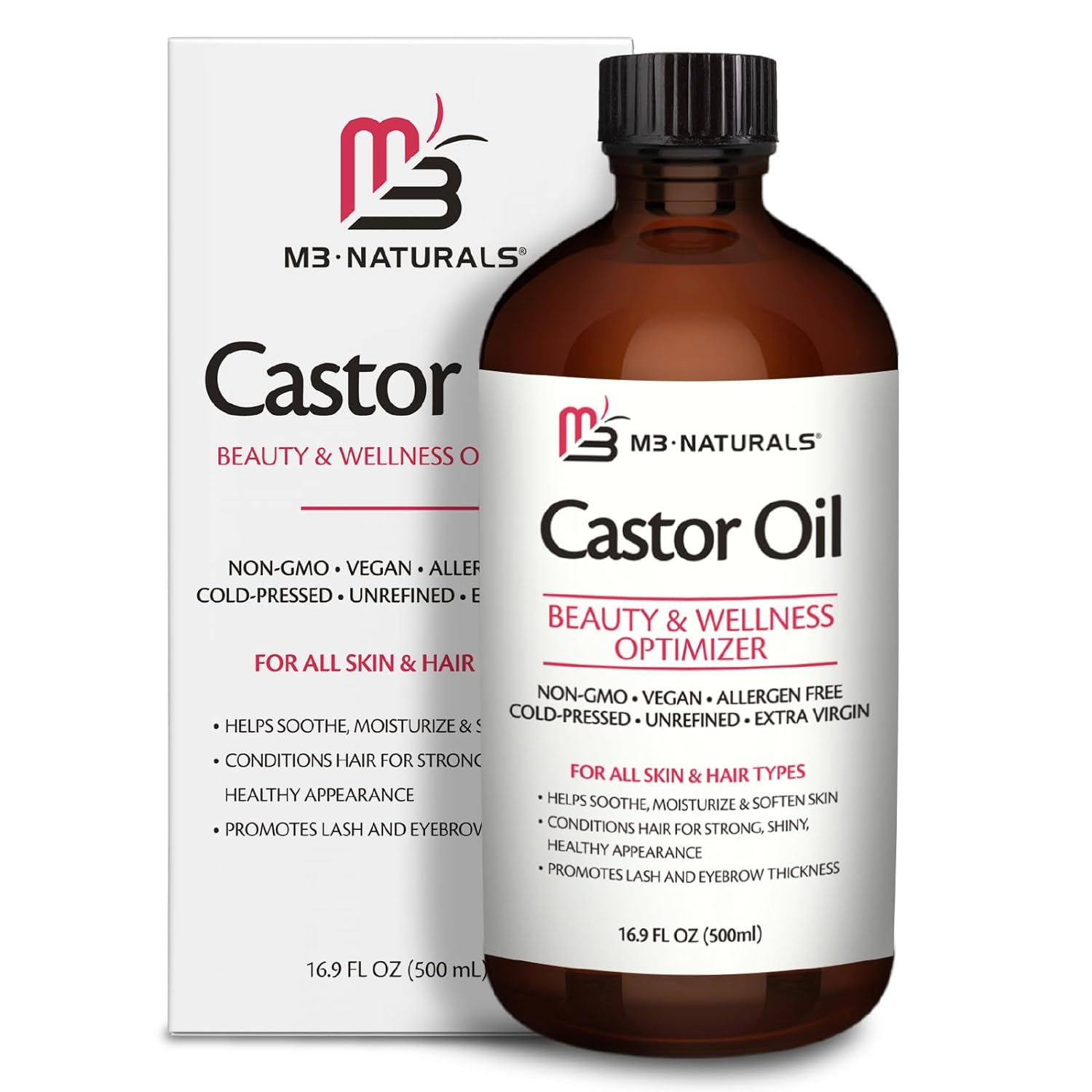 100% Pure Castor Oil 500mL - Hexane Free Cold Pressed Castor Oil in Glass Bottle for Hair Skin & Body Nourishment - Extra Large Unrefined Castor Oil for Hair Lashes Brows Skin and Detox Practices