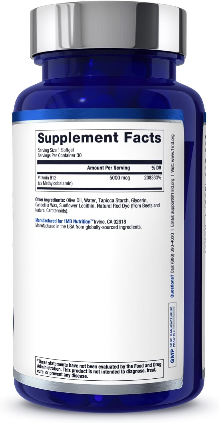 1MD Nutrition Vegan Vitamin B12 Softgels | 5000mcg Methylcobalamin Supplement | Energy, Immune, and Cardiovascular Support | 60 softgels : Everything Else