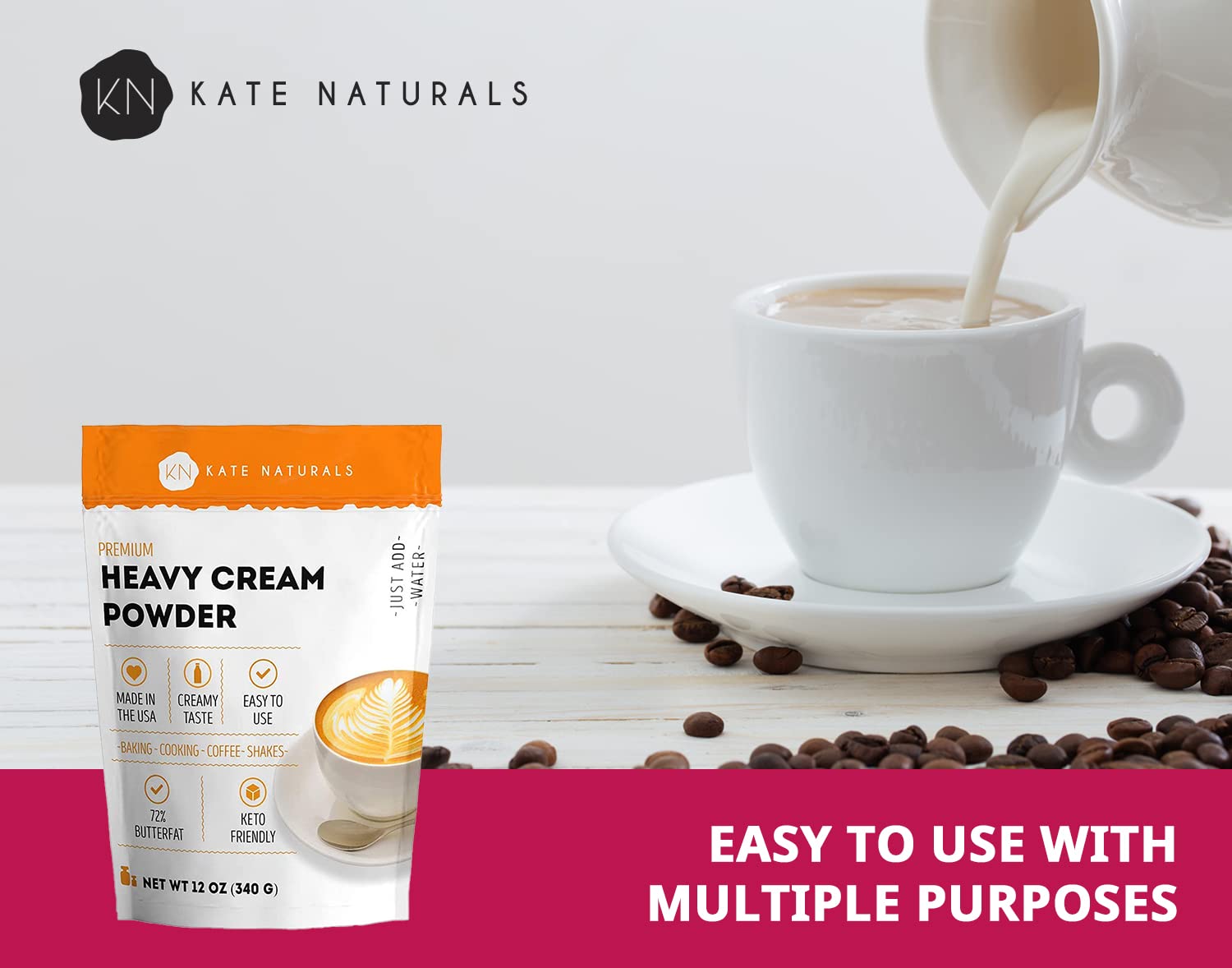 Kate Naturals Heavy Cream Powder for Coffee & Heavy Whipping Cream (12oz). Powdered Heavy Cream for Sour Cream Powder, Butter, Clotted Cream, and Whipped Cream. Instant Creamer for Coffee & Keto. : Grocery & Gourmet Food