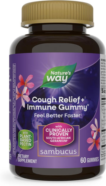 Nature'S Way Sambucus Cough Relief+, Immune Gummy, Feel Better Faster, Clinically Proven South African Geranium Root Extract, With Elderberry Extract, Vitamin C & Zinc, 60 Gummies(Packaging May Vary)