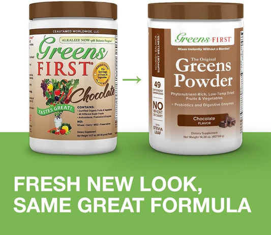 Greens First - Chocolate - 30 Servings - Greens Powder Superfood, 49 Superfoods, 15+ Organic Fruit & Vegetables, Antioxidant Smoothie Mix Supplement, Dairy Free, Vegan & Non-GMO - 14.38 oz