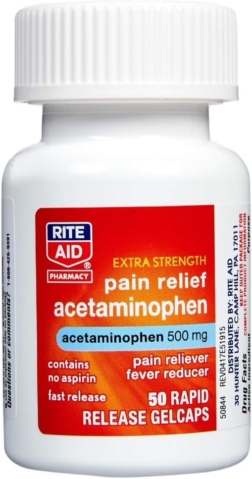 Rite Aid Extra Strength 500 mg Acetaminophen Pain Relief, Rapid Release Gelcaps - 50 Count | Pain Reliever, Joint Pain Relief | Muscle Pain Relief | Arthritis Pain Relief | Back Pain Relief Products