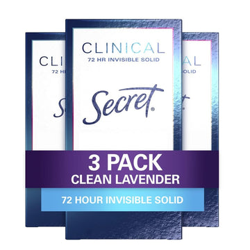 Secret Clinical Strength Invisible Solid Antiperspirant And Deodorant, Clean Lavender, 1.6 Oz, Pack Of 3