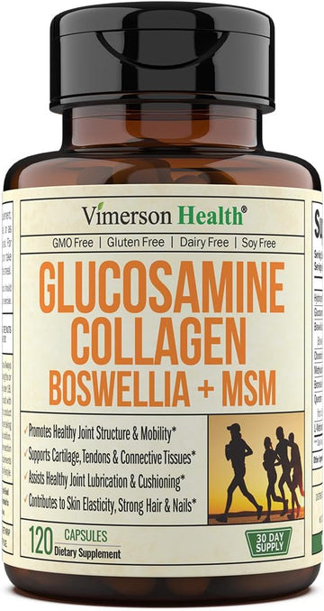 Collagen Glucosamine Chondroitin Joint Support Supplement with MSM, Boswellia Extract, Bromelain, Quercetin & L-Methionine - Joint Supplements for Healthy Muscles, Bones, Hair, Skin & Nails. 120 Caps