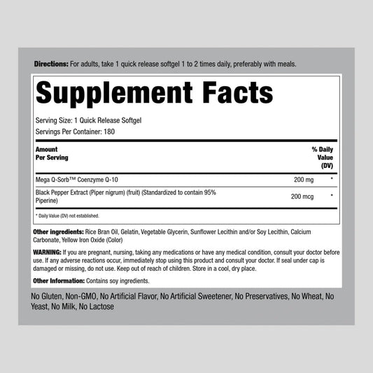 Piping Rock Coq10 200Mg | 180 Softgels | Enhanced Absorption | Non-Gmo, Gluten Free Supplement