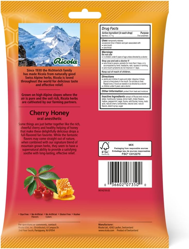 Ricola Cherry Herbal Family Size Bag | Cough Suppressant Throat Drops | Naturally Soothing Long-Lasting Relief - 45 Count (Pack of 1)