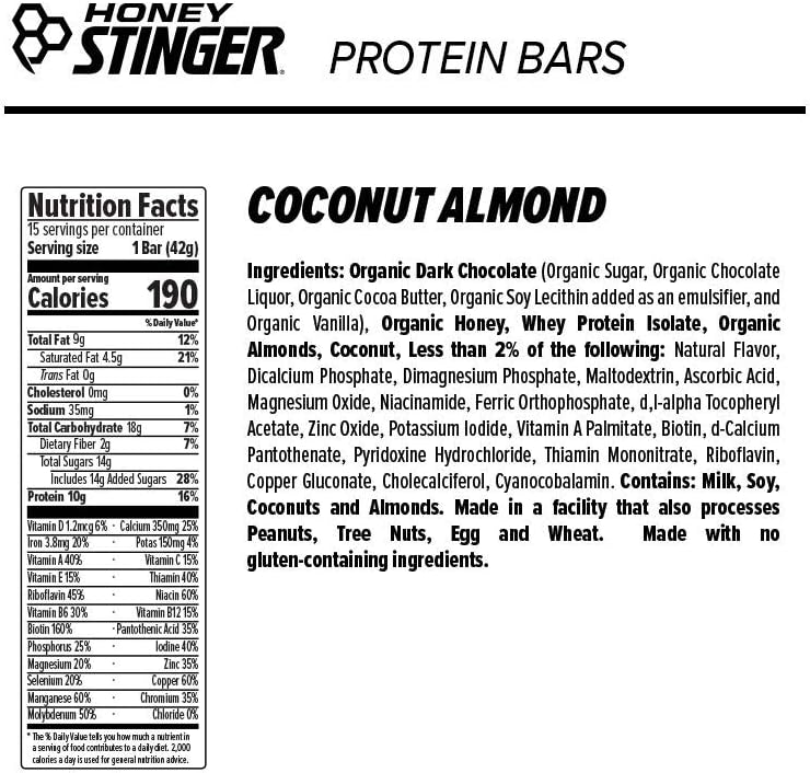 Honey Stinger Protein Bar | Coconut Almond | Protein Packed Food for Exercise, Endurance and Performance | Sports Nutrition Snack for Home & Gym, Post Workout | Box of 15 : Health & Household