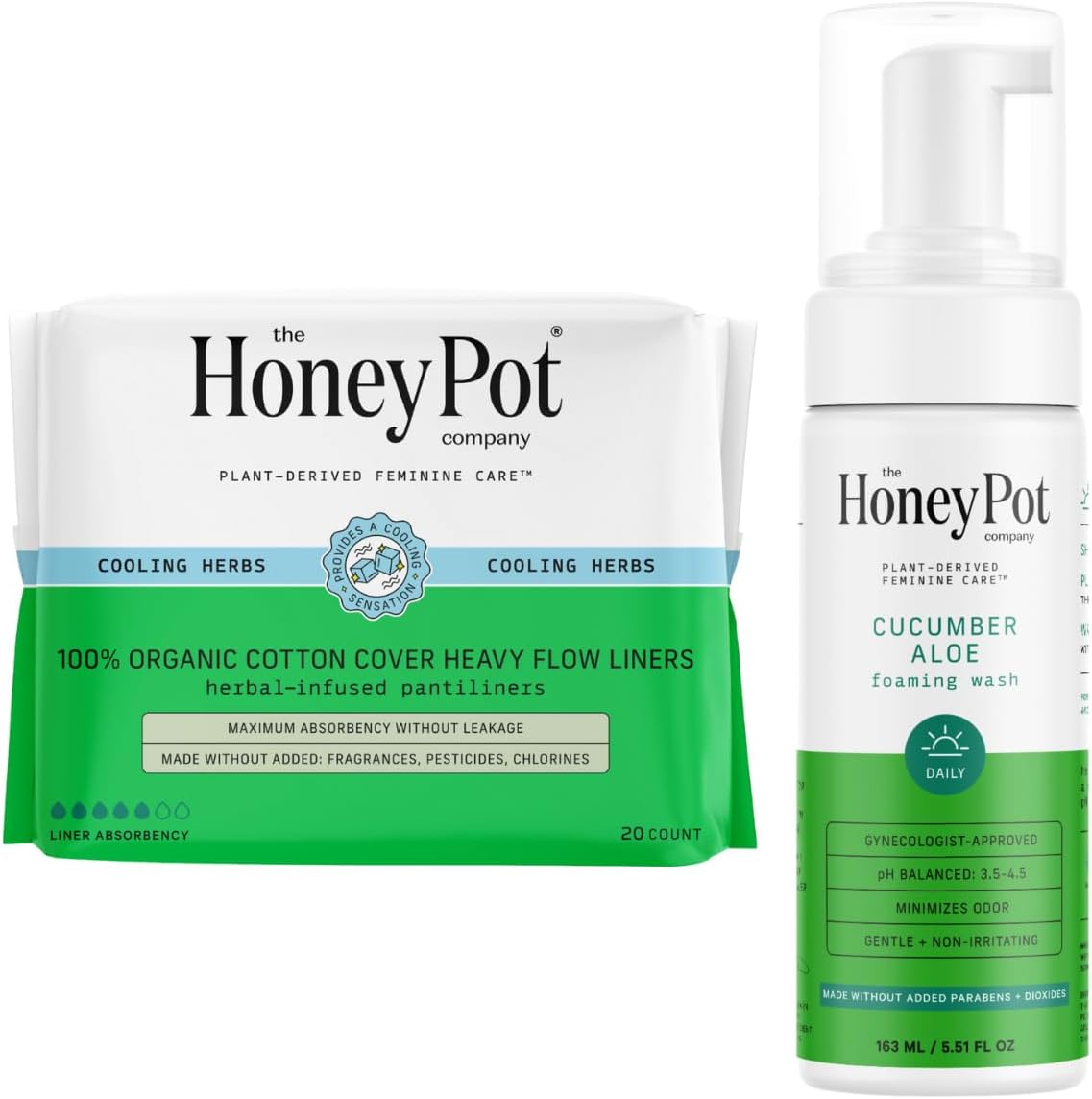 The Honey Pot Company - Heavy Liners & Cucumber Aloe Feminine Wash Bundle - Pads Infused W/Essential Oils - Ph Balanced Feminine Products - Sanitary Pads - Feminine Care - Fsa & Hsa Eligible