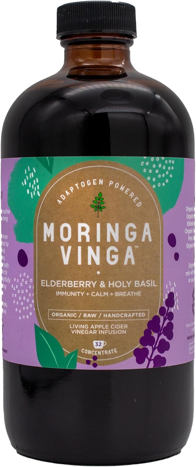Elderberry & Holy Basil Moringa Infusion - Organic Immune Support, Respiratory Wellness, Stress Relief, Herbal Tonic With Apple Cider Vinegar, Ginger, Hibiscus, Honey - 100% Pure, Non-Gmo, 16 Oz