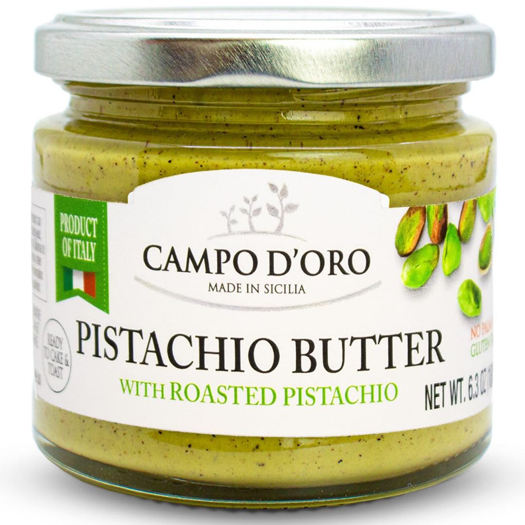 Pistachio Nut Butter Sweet Cream, 6.35 Oz (180G), Rich & Nutty Pistachio Cream For Knafeh Pistachio Chocolate Bars, Sweet Sicilian Pistachio Cream Spread, Spreadable, Mix Well After Opening, Pistachios From Sicily, Italy, No Palm Oil, Campo D'Oro