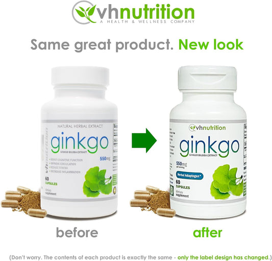 VH Nutrition GINKGO BILOBA | 550mg Standardized Extract Supplements | Cognitive and Memory Support* | 60 Capsules