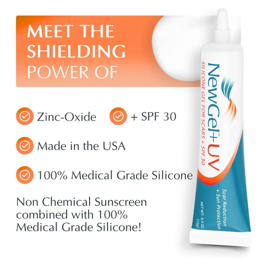 Newgel Plus Uv By Mynewgel Advanced Silicone Scar Gel For Old And New Scars With Spf30 Mineral Non-Chemical Sunscreen, Ideal For Protecting Scars From Harmful Ultraviolet Rays, 15G (0.5 Oz)