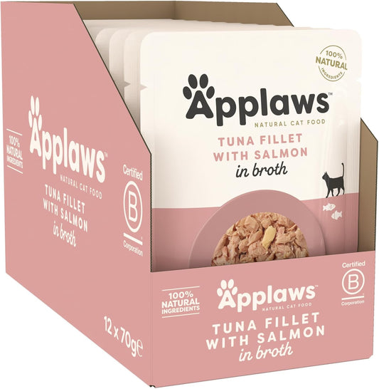 Applaws 100% Natural Adult Wet Cat Food, Tuna Fillet with Salmon in Broth 70g Pouch (12 x 70g Pouches)