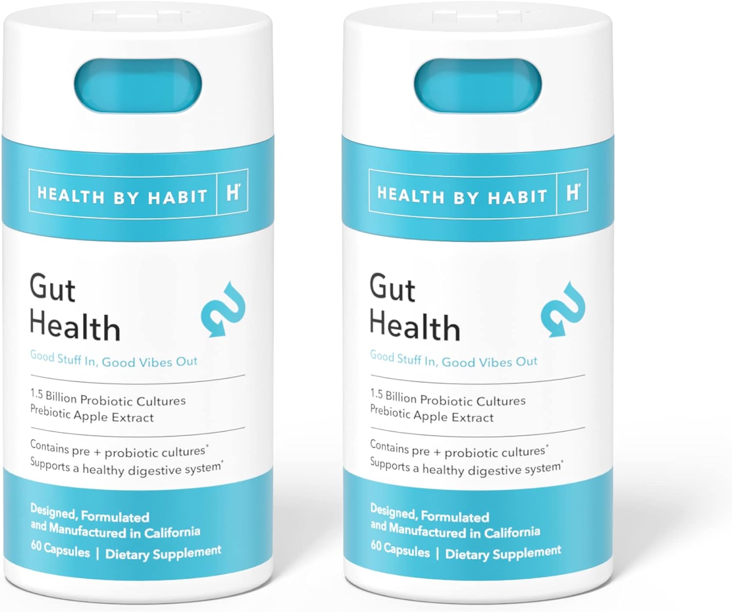 Health By Habit Gut Health Supplement 2 Pack (120 Capsules) - Contains 1.5 Billion Probiotic Cultures, Prebiotic Apple Extract, Healthy Digestive System, Non-Gmo, Sugar Free (2 Pack)