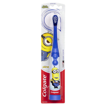 Colgate Kids Battery Powered Toothbrush, Kids Battery Toothbrush With Included Aa Battery, Extra Soft Bristles, Flat-Laying Handle To Prevent Rolling, Minion Toothbrush, 1 Pack