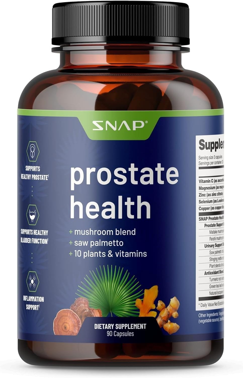 Snap Supplements Prostate Health Support Supplement - Natural Prostate Supplements For Men With Organic Saw Palmetto Extract & Turmeric, Prostate Support, Urinary Tract Health (90 Capsules)