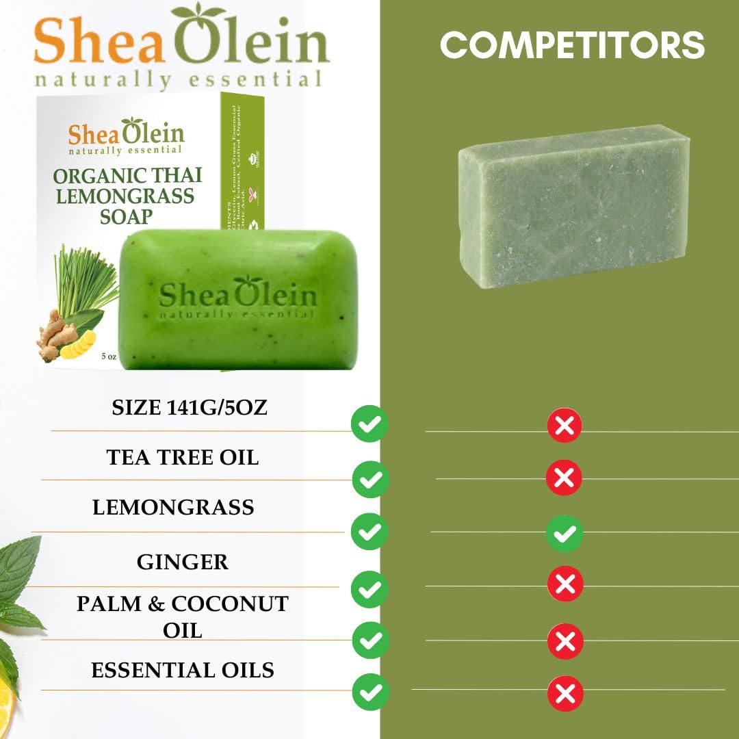 Shea Olein Natural Bar Soap - Organic Thai Lemongrass Soap Bar, Antibacterial & Anti Odor, With Tee Tree & Ginger Root - Refreshing Lemon Bar Soap For Balanced Skin Ph (5 Oz, 6 Bars)