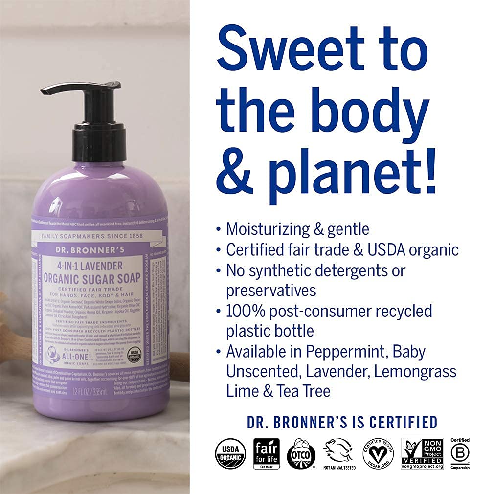 Dr. Bronner's - Organic Sugar Soap (Lavender, 12 Ounce) - Made with Organic Oils, Sugar and Shikakai Powder, 4-in-1 Uses: Hands, Body, Face and Hair, Cleanses, Moisturizes and Nourishes, Vegan : Bath Soaps : Beauty & Personal Care