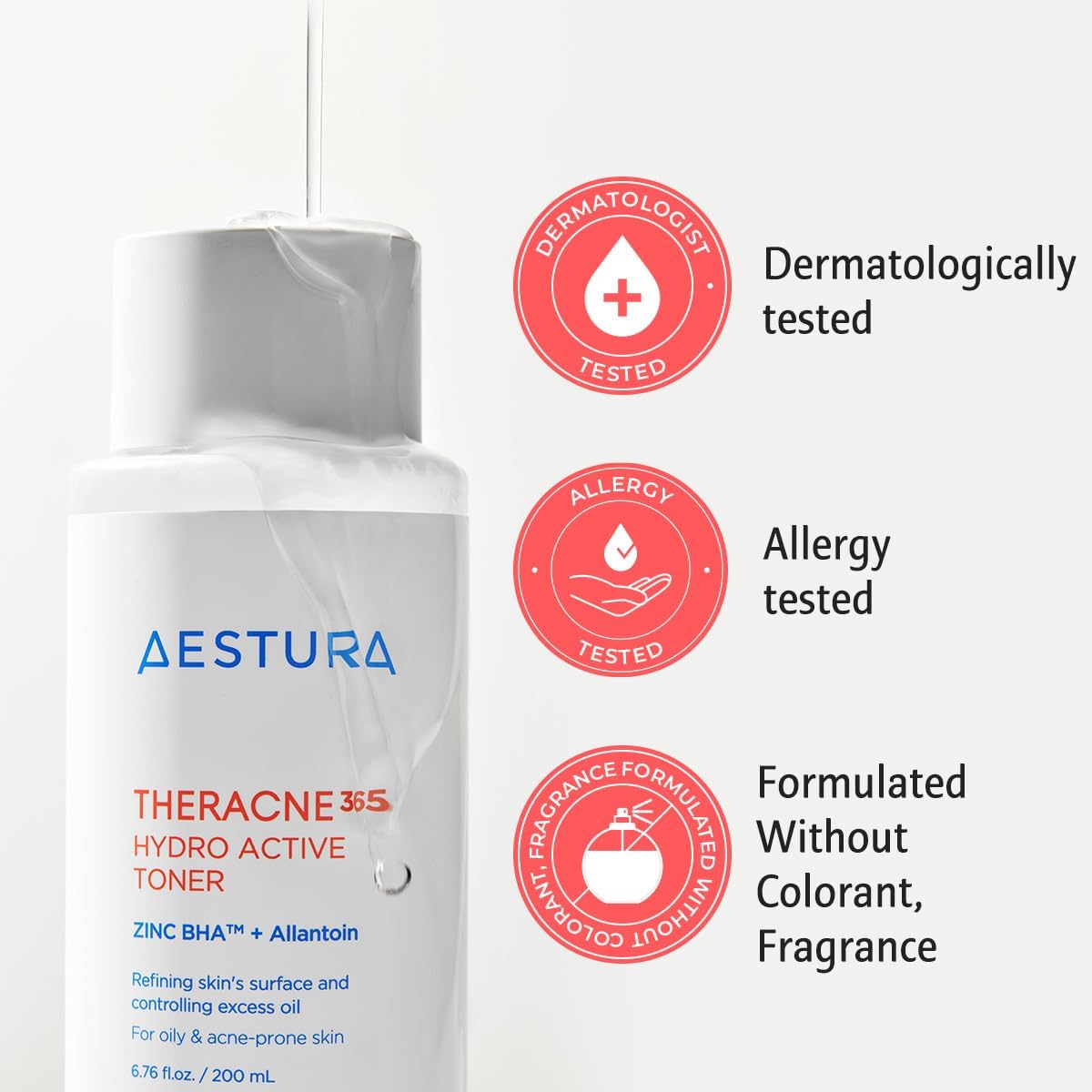 Aestura Theracne365 Hydro Active Toner For Acne-Prone Skin | Reduce Excess Oil, Improves The Smoothing Texture, Soothing Zinc & Sebum-Caring Bha, Non-Comedogenic, 6.76 Fl Oz