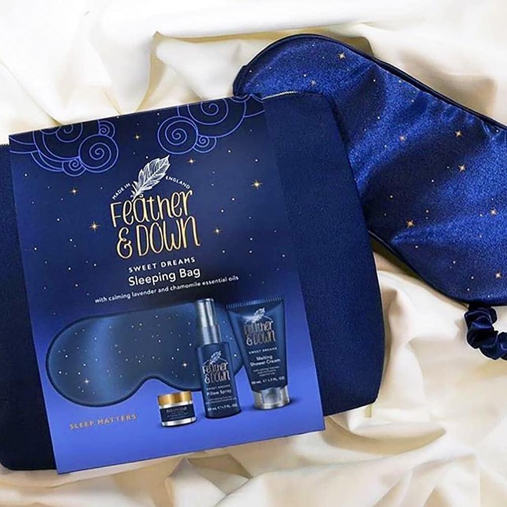 Feather & Down Sleeping Bag Gift Set (Luxury Eye Mask, Sleep Balm, Pillow Spray And Shower Cream) - With Calming Lavender & Chamomile Essential Oils. Vegan Friendly & Cruelty Free