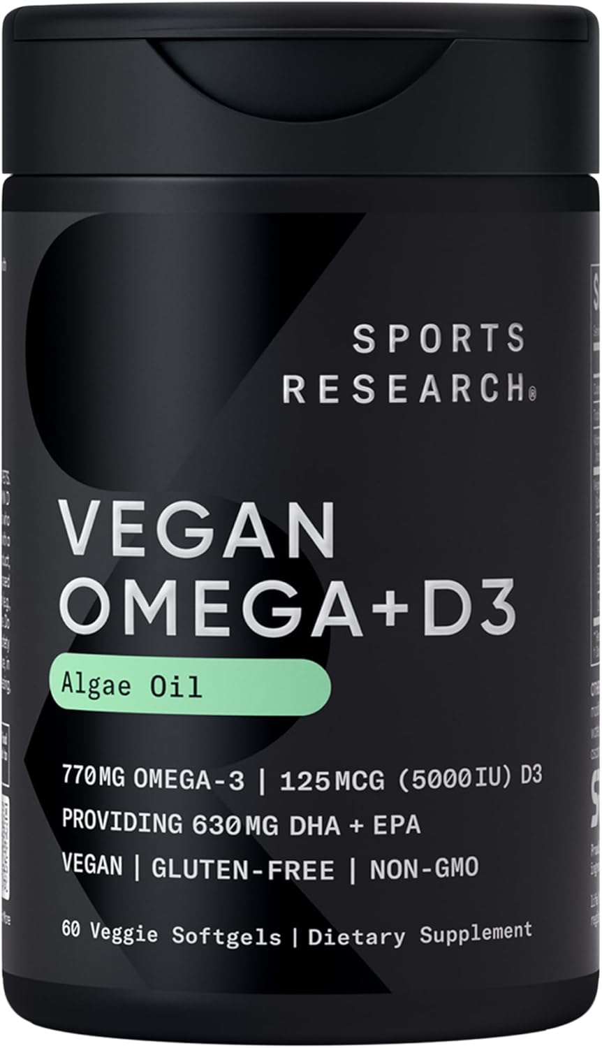 Sports Research Vegan Omega-3 With Vitamin D3 Softgels - 630Mg Epa+Dha & 125Mcg D3 Supplement - Fish Oil Alternative W/Vitamin D - Plant-Based Support From Algae Oil - Fresh Lemon Scent - 60 Veggie