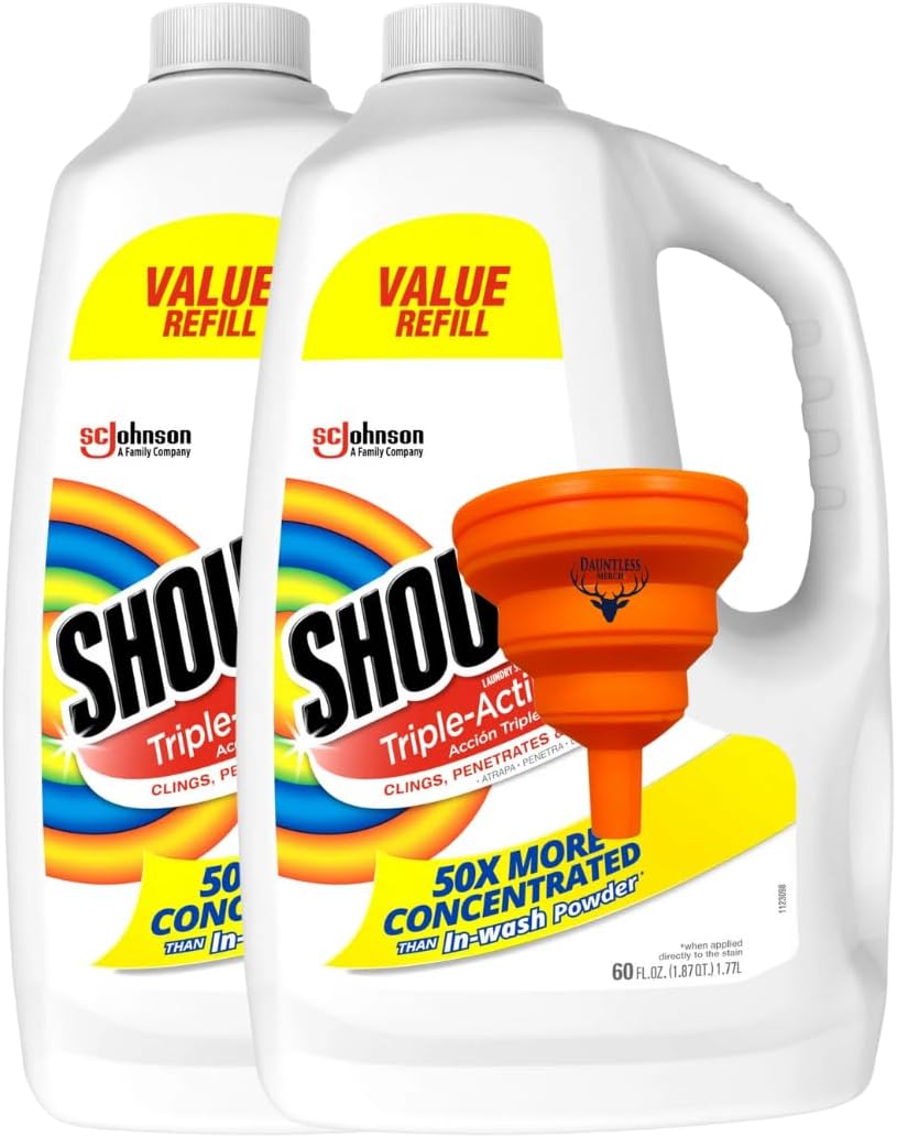 Shout Stain Remover Refill, Triple-Acting Spot Treatment 60 Fluid Ounce, (Pack of 2), Bundled with a Easy Fill Funnel (color may vary)