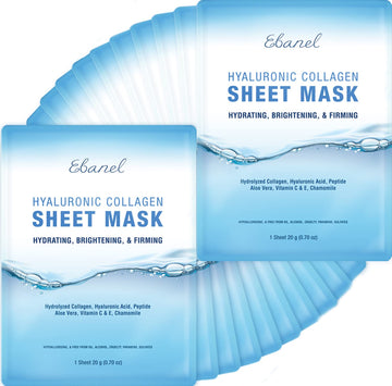 Ebanel 20 Pack Collagen Peptide Hydrating Face Masks, Instant Brightening Firming Anti Aging Face Sheet Masks, Moisturizing Spa Face Masks Skincare with Hyaluronic Acid, Vitamin C, Chamomile, Aloe